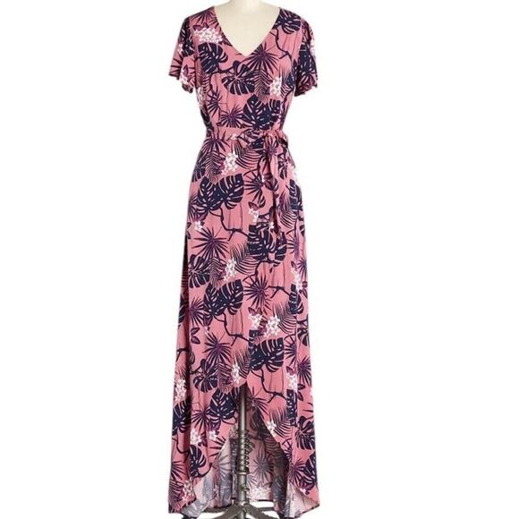 ModCloth x Collectif Maxi Dress 14 Pink Thelma Tropicool V Neck Tie Waist NWT - Picture 1 of 16